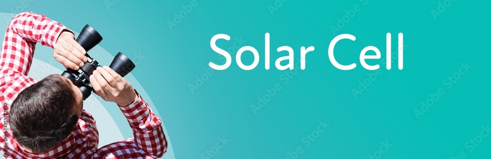 Fototapeta premium Solar Cell. Businessman (man) looks through binoculars. Birds eye view. Focus on text. Blue Background. Business, Finance, Statistics, Analysis, Economy