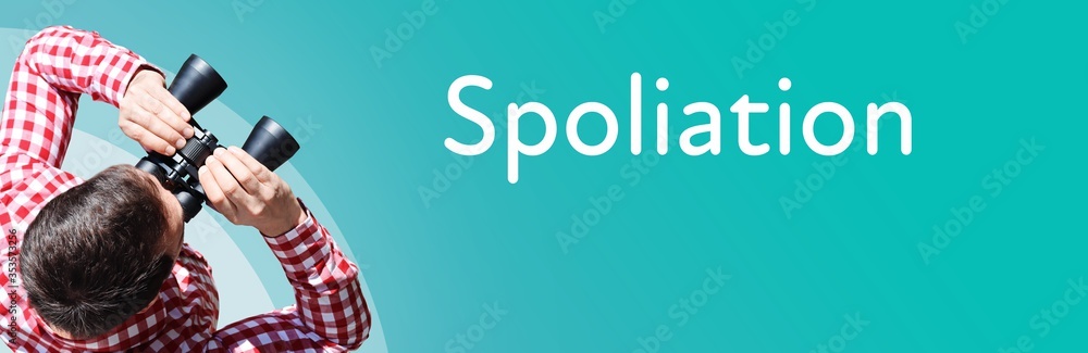 Naklejka premium Spoliation. Businessman (man) looks through binoculars. Birds eye view. Focus on text. Blue Background. Business, Finance, Statistics, Analysis, Economy