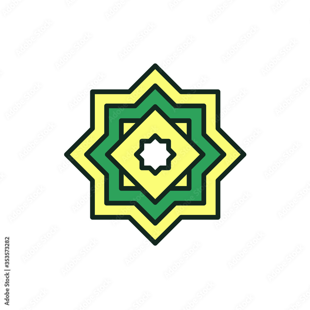 Two overlapping square fo arabic calligraphy. Spiritual tradition. Quran, Emblems and flag.  Rub el hizb, eight pointed star, arab culture icon. Vector illustration. Design on white backgound. EPS 10
