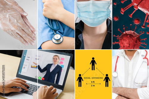 Slika na platnu Coronavirus COVID-19 image set banner in concept of prevention information including safety precaution and doctor service to prevent spreading infection of covid-19 or 2019 Coronavirus Disease