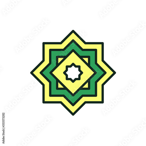 Two overlapping square fo arabic calligraphy. Spiritual tradition. Quran, Emblems and flag.  Rub el hizb, eight pointed star, arab culture icon. Vector illustration. Design on white backgound. EPS 10