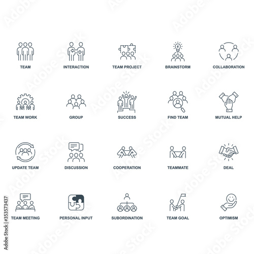 Team work signage set for business project include group, team, Collaboration, discussion, etc. Simple set of team work related vector line icons. Vector illustration.Design on white background. EPS10
