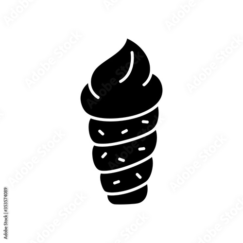 Silhouette Cream puff pastry roll. Trdlo logo. Outline dessert icon. Black hand drawn illustration of Trdelnik with ice cream. Flat isolated vector on white background. Cartoon bakery product emblem