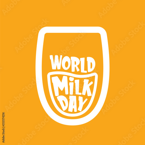 vector wold milk day outline style icon or label isolated on orange background. Milk day greeting poster design template. Milk day logo with milk glass