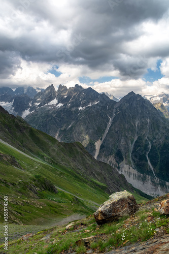Panorama of Main Caucasian Range near Kuruldi Lakes, Caucasus, Svanetiya, Georgia
