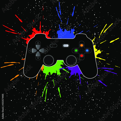 Vector illustration with a game joystick and multi-colored blots on a black background, white dots spray effect.