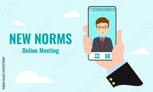 Vector illustration of the new norms for online virtual meeting concept. New normal for business post Covid19 pandemic outbreak. 