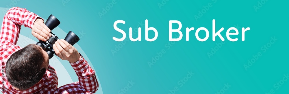 Fototapeta premium Sub Broker. Businessman (man) looks through binoculars. Birds eye view. Focus on text. Blue Background. Business, Finance, Statistics, Analysis, Economy