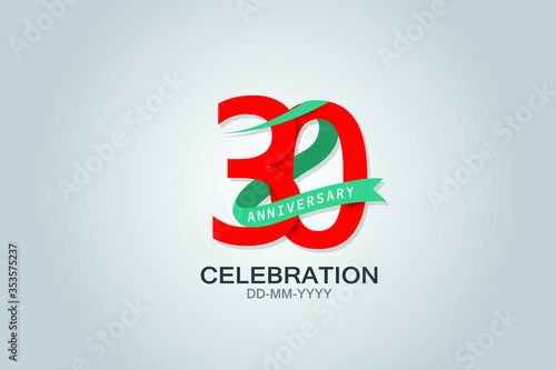 30 year anniversary blue ribbon celebration logotype. anniversary logo with Red text and Tosca Ribbons isolated on grey background, vector design for celebration, invitation vector