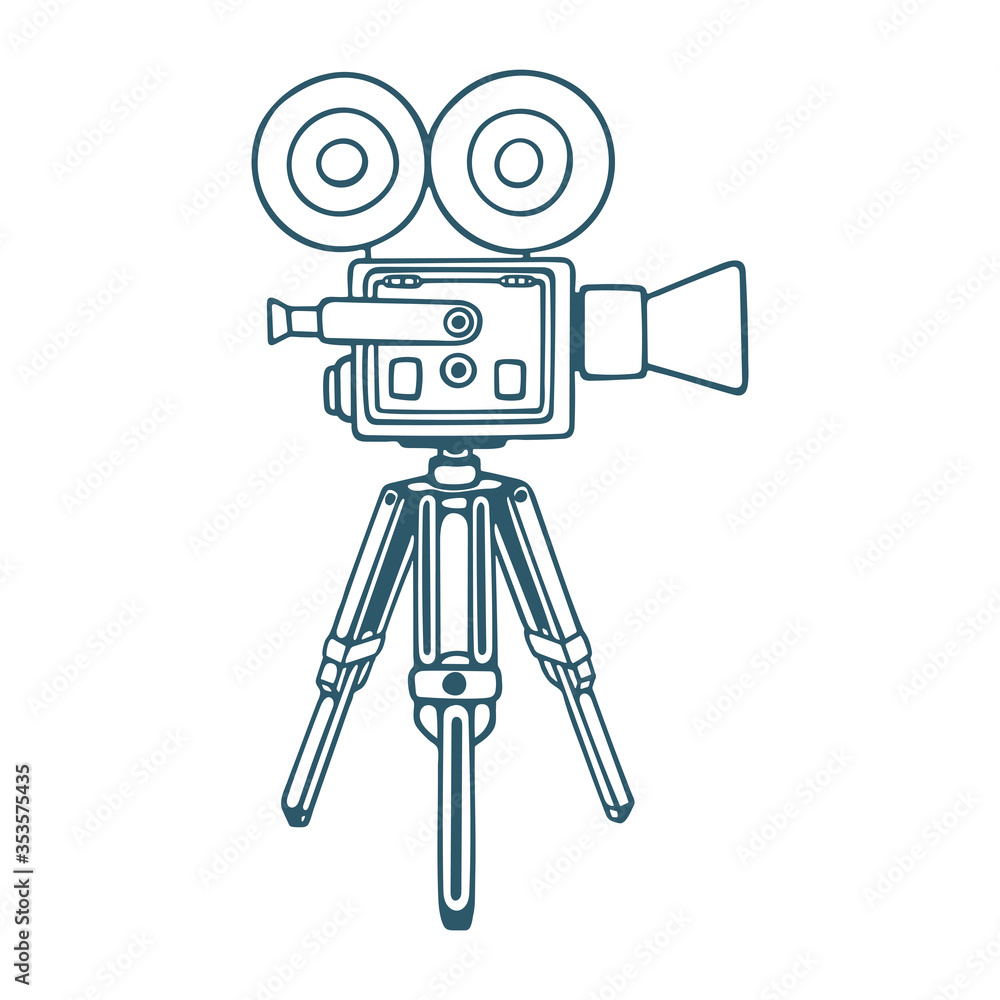 Movie camera. Retro movie camera and tripod outline vector illustration ...