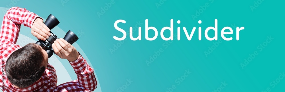 Fototapeta premium Subdivider. Businessman (man) looks through binoculars. Birds eye view. Focus on text. Blue Background. Business, Finance, Statistics, Analysis, Economy