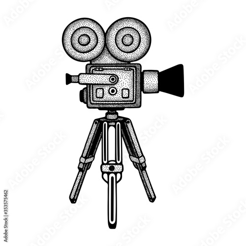 Movie camera. Engraving style vintage movie camera and tripod vector illustration. Part of set.  