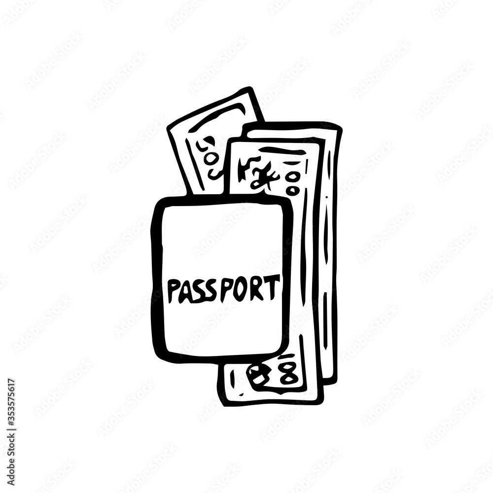 Passport with banknotes. Identity documents for travel, and money. Vector illustration of doodle style, isolated object on a white background. Passport with banknotes. Identity documents for travel, and money. Vector illustration of doodle style, isolated object on a white background.