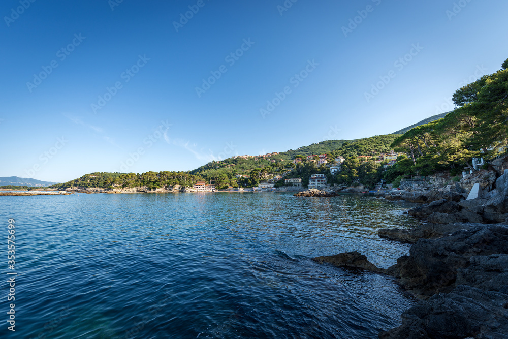 Fiascherino beach and Mediterranean Sea, tourist resort near Lerici, Gulf of La Spezia, Liguria, Italy, Europe