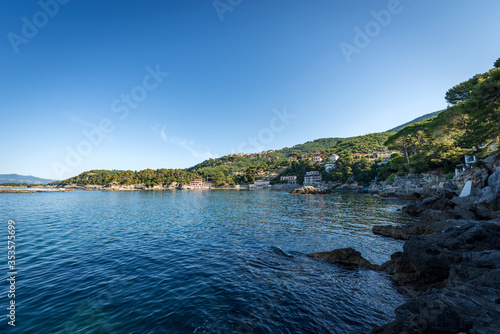 Fiascherino beach and Mediterranean Sea, tourist resort near Lerici, Gulf of La Spezia, Liguria, Italy, Europe