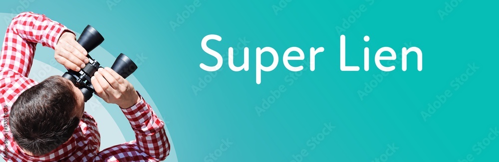 Naklejka premium Super Lien. Businessman (man) looks through binoculars. Birds eye view. Focus on text. Blue Background. Business, Finance, Statistics, Analysis, Economy