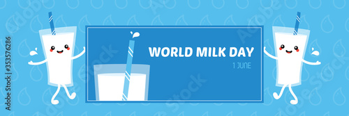 Vector cartoon style illustration with cute smiling milk glass characters holding banner, card for World Milk Day.