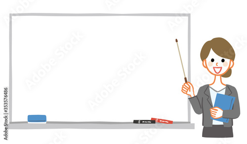 Illustration of female teacher with whiteboard. Whiteboard is a text space.