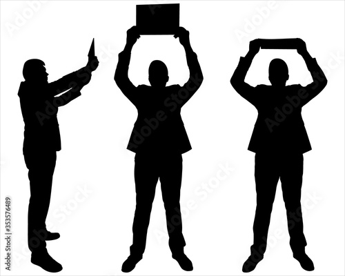 Businessman with folder in hands. Man in a business suit raised his hands up with a tabloid and showing something. Side view, profile. Three male black silhouettes isolated on a white background.
