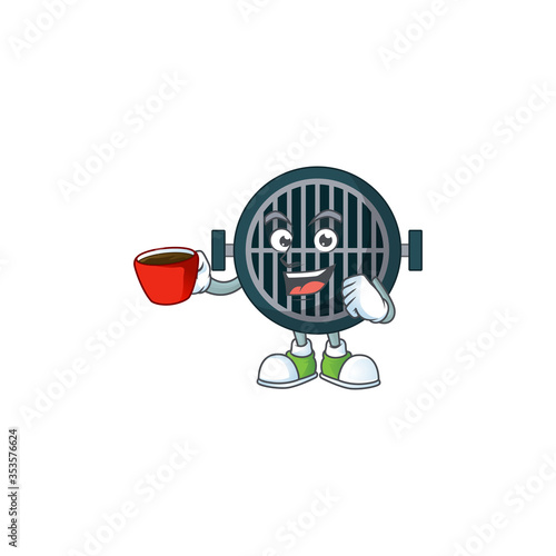 A mascot design character of grill drinking a cup of coffee