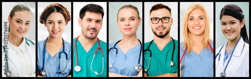 Doctor, nurse and medical staff portrait face photo banner set in concept of hospital people fighting 2019 coronavirus disease or COVID-19 pandemic outbreak. photo