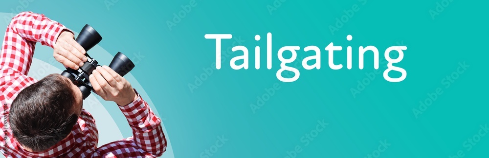 Fototapeta premium Tailgating. Businessman (man) looks through binoculars. Birds eye view. Focus on text. Blue Background. Business, Finance, Statistics, Analysis, Economy