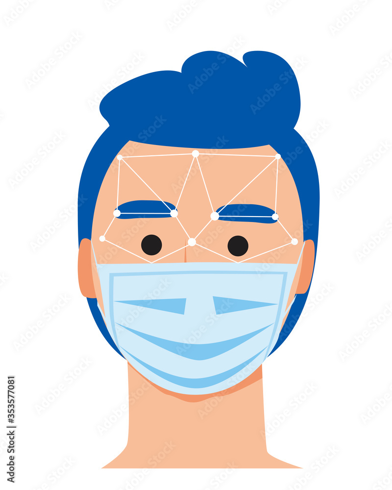 Face recognition of a man in a medical mask, word stock vector illustration as a concept of person identification by smart home system Face recognition of a man in a medical mask, word stock vector illustration as a concept of person identification by smart home system