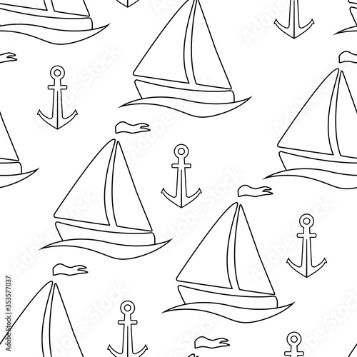 Seamless pattern with sailboats and anchores. Vector illustration on a white background. 