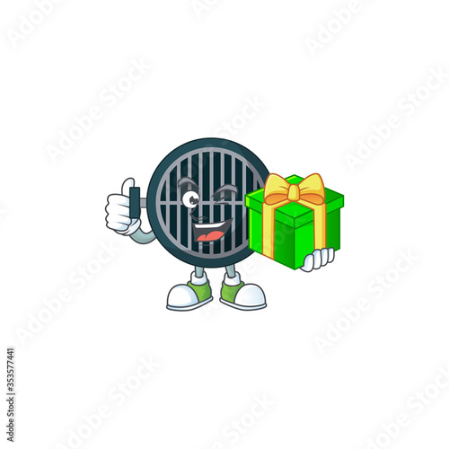 Happy smiley grill cartoon mascot design with a gift box