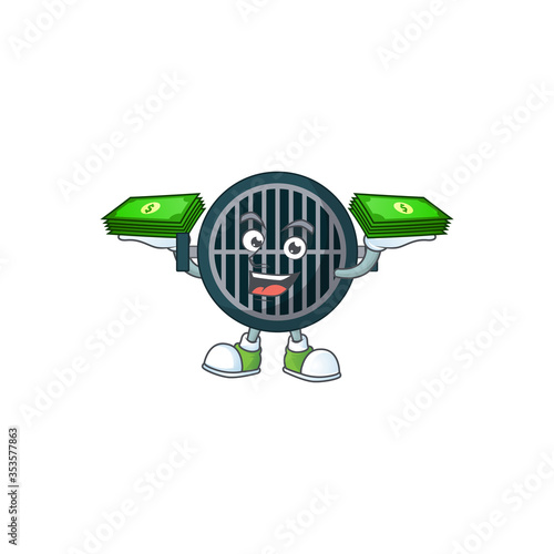 A cheerful grill cartoon mascot design having some money on hands