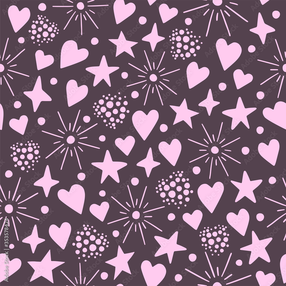 Hand drawn seamless pattern vector of cute pink and purple stars, hearts, salutes. Сolorful doodle illustration for Birthday, baby room, greeting card, invitation, wallpaper, wrapping paper, packaging Hand drawn seamless pattern vector of cute pink and purple stars, hearts, salutes. Сolorful doodle illustration for Birthday, baby room, greeting card, invitation, wallpaper, wrapping paper, packaging