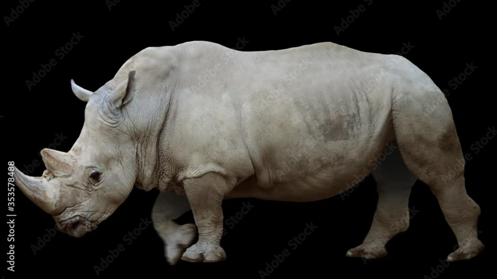 Rhinoceros walking realistic animation. Isolated rhino video including alpha channel allows to add background in post-production. Element for visual effects. Rhinoceros walking realistic animation. Isolated rhino video including alpha channel allows to add background in post-production. Element for visual effects.