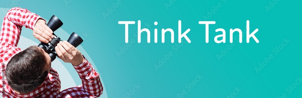 Naklejka premium Think Tank. Businessman (man) looks through binoculars. Birds eye view. Focus on text. Blue Background. Business, Finance, Statistics, Analysis, Economy