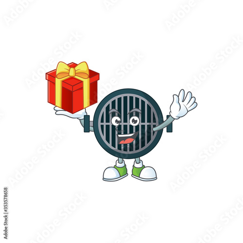 Grill cartoon mascot concept design with a red box of gift