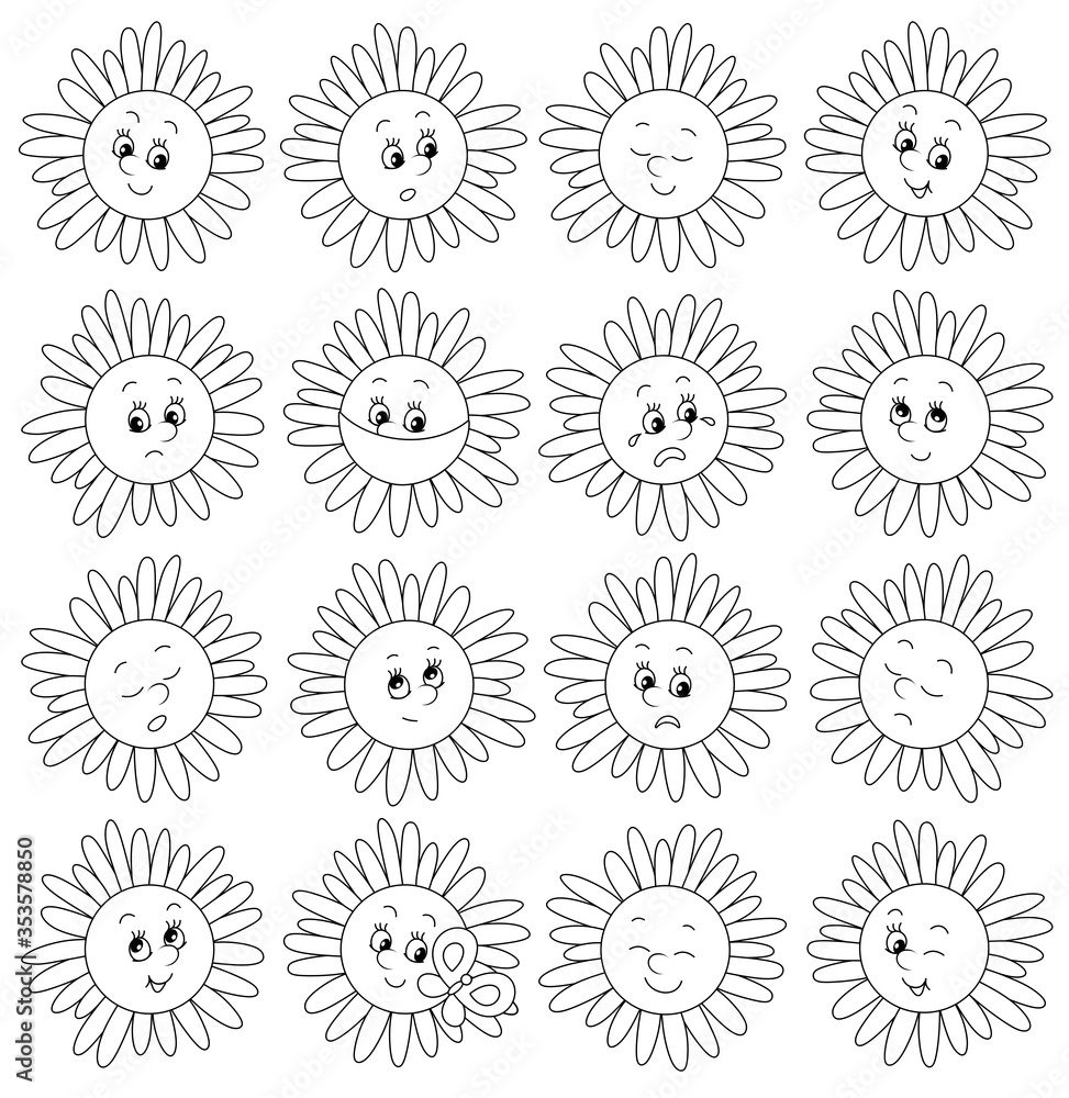 Set of funny flower emoticons with smiling, sad and many other faces of toy characters with different emotions, black and white vector cartoon illustrations on a white background Set of funny flower emoticons with smiling, sad and many other faces of toy characters with different emotions, black and white vector cartoon illustrations on a white background