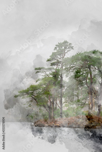 Digital watercolour painting of Beautiful mody Autumn Fall landscape of woodland and lake with mist fog during early morning photo