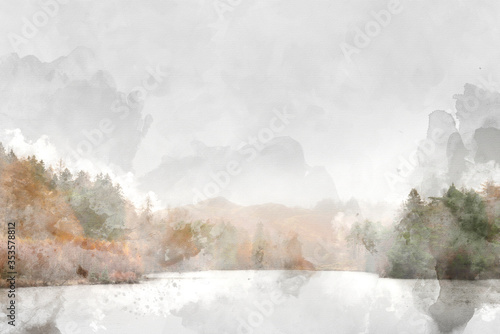 Digital watercolour painting of Beautiful mody Autumn Fall landscape of woodland and lake with mist fog during early morning