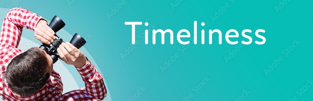 Naklejka premium Timeliness. Businessman (man) looks through binoculars. Birds eye view. Focus on text. Blue Background. Business, Finance, Statistics, Analysis, Economy
