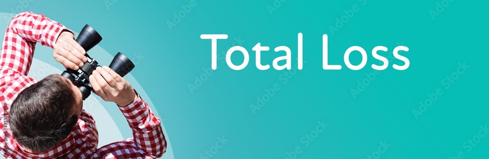 Fototapeta premium Total Loss. Businessman (man) looks through binoculars. Birds eye view. Focus on text. Blue Background. Business, Finance, Statistics, Analysis, Economy