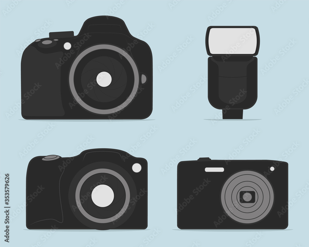 Professional dslr photo camera vector illustration. Set icon design in flat style isolated