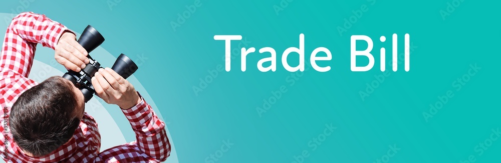Fototapeta premium Trade Bill. Businessman (man) looks through binoculars. Birds eye view. Focus on text. Blue Background. Business, Finance, Statistics, Analysis, Economy