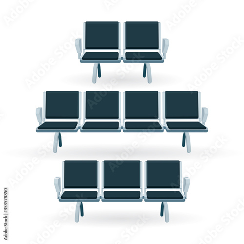 Airport terminal realistic seating benches vector illustration set isolated on white background.