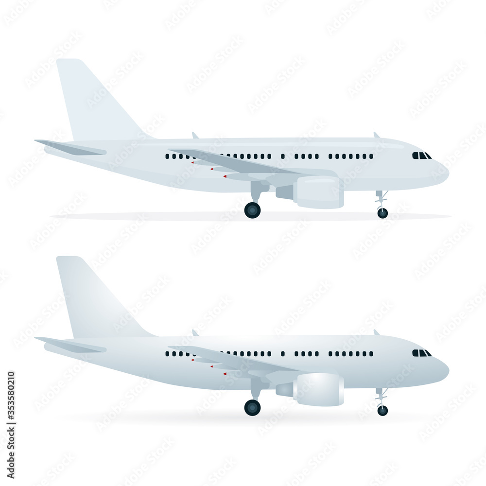 Aircraft side view. Realistic passenger planes vector illustrations set. 