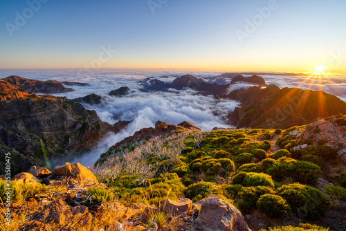 The highest peak of Madeira Pico Ruivo at sunset. Trek to Pico Ruivo z Achada Texada.