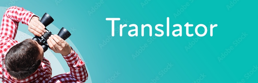 Naklejka premium Translator. Businessman (man) looks through binoculars. Birds eye view. Focus on text. Blue Background. Business, Finance, Statistics, Analysis, Economy