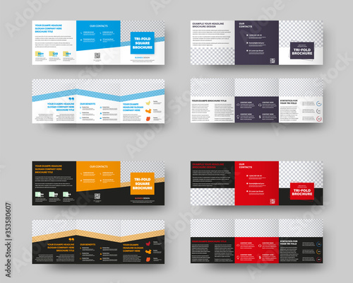 Layout of a vector square booklet, with color accents, place for photo, white and black tri-fold with realistic shadows for presentation design.