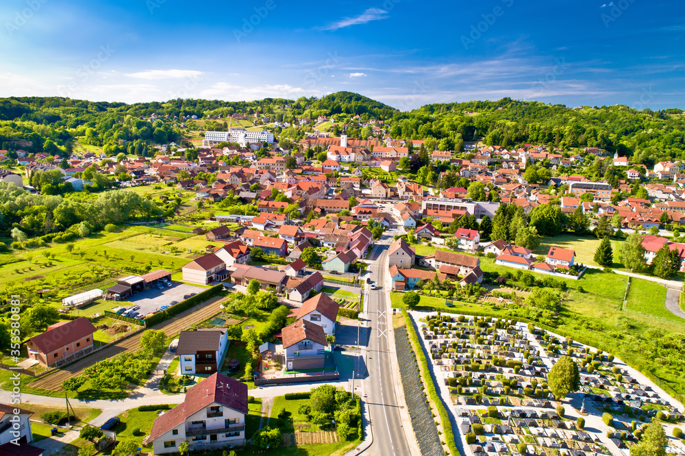 Town of Varazdinske Toplice in green hillside landscape aerial view