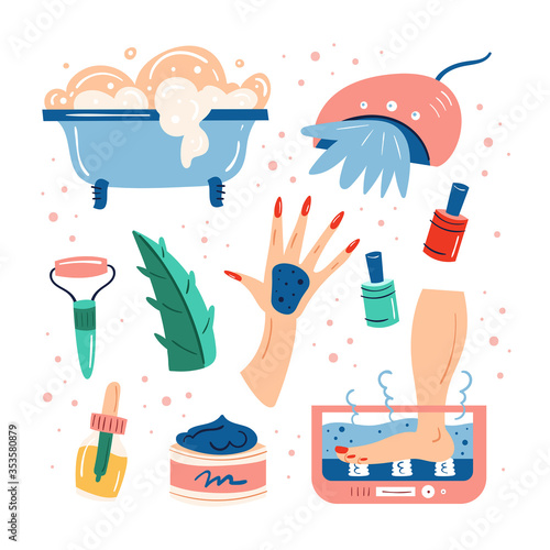 Home spa night. Beauty process. Skin hair health care. Manicure, pedicure. Hydromassage. Recreation, self care, relax, rest. Bathroom, shower. Flat hand drawn vector illustration, set, stickers.