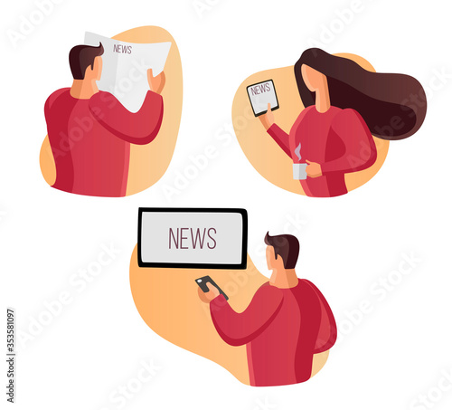 Read news, watch news home. Watch TV, read a newspaper. Reading, watching, listening. Screen, display. Flat vector illustration set. tablet, phone. Hot news. Man reading news. Woman reading.