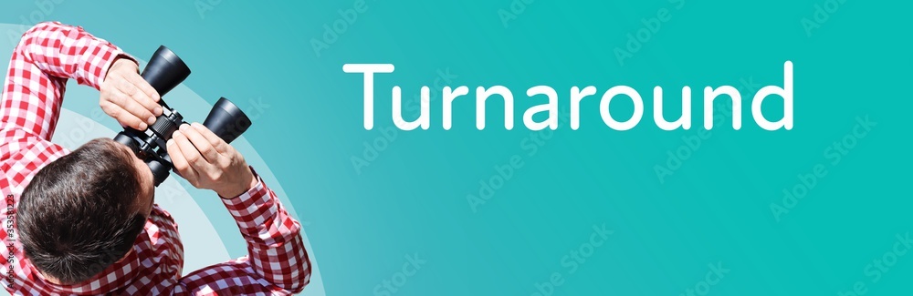 Fototapeta premium Turnaround. Businessman (man) looks through binoculars. Birds eye view. Focus on text. Blue Background. Business, Finance, Statistics, Analysis, Economy